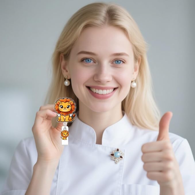 Cute Lion Badge Reel for ID Card, Funny Animal Lion Retractable Nurse Alligator Clip Badge Reel for Women, ID Name Tag Badge Holder for Office School Hospital Nurses Doctors Teachers