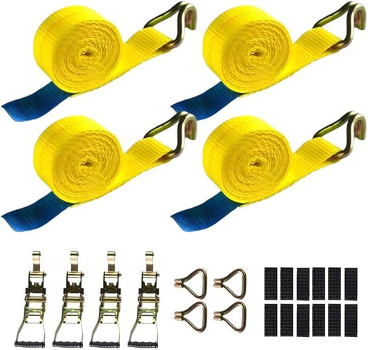 4 Pack Heavy Duty Ratchet Tie Down Straps 2" x33' – 9921 lbs Break Strength Cargo Straps with Metal Hooks for Truck, Trailer, Moving, Motorcycle & ATV, Yellow