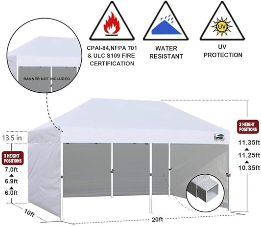 Eurmax USA 10'x20' Pop-up Canopy Tent Commercial Instant Canopies with 4 Removable Zipper End Side Walls and Roller Bag, Bonus 6 SandBags(Blue)