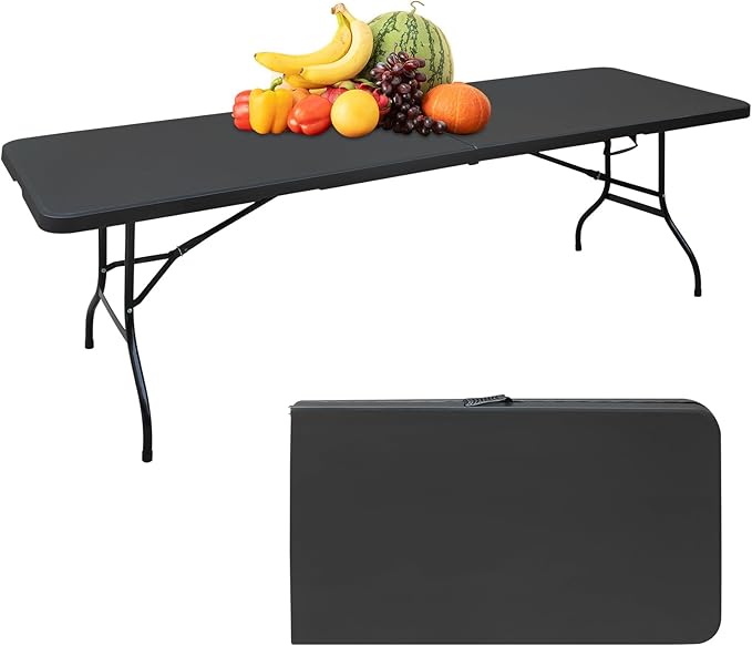 Portable 8Ft Plastic Folding Table, Heavy Duty 8ft Fold-in-Half Table with Carrying Handle, 8' Folding Utility Foldable Table for Picnic Party Camping Kitchen, Indoor/Outdoor (Black)