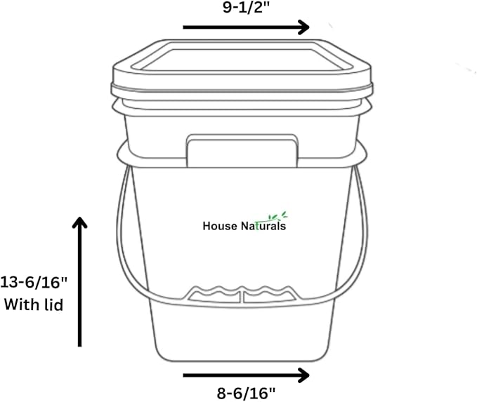 House Naturals 4 Gallon Square Food Grade Bucket Pail with Plastic Handles and Lid (Pack of 3) Made in USA containers (Gray Buckets-Green lids)