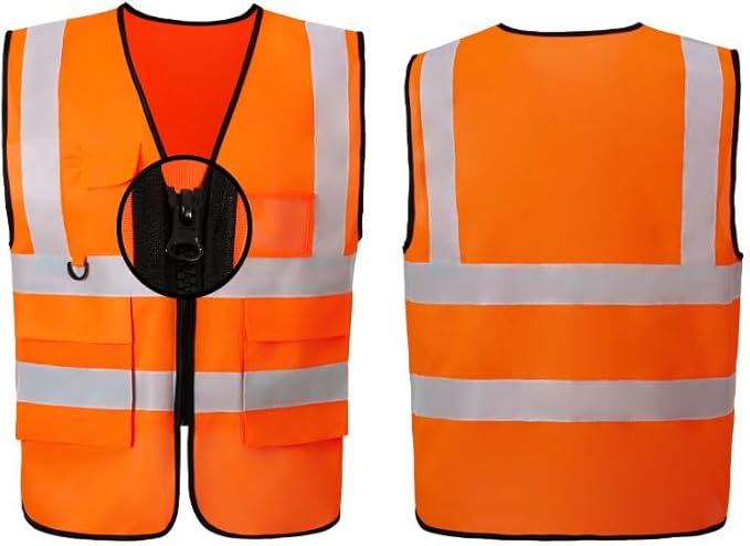Orange Reflective Safety Vest for women and men, Breathable hi vis vest with 360° reflective strips & 4 Pockets for traffic, surveyor, construction, Universal XL Size