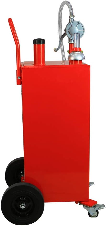 AutoForever 30 Gallon Portable Gas Caddy, Fuel Transfer Tank Gasoline Diesel Storage Can with Rotary Hand Pump and 4 Wheelsfor Automobiles ATV Car Mowers Tractors (Red)