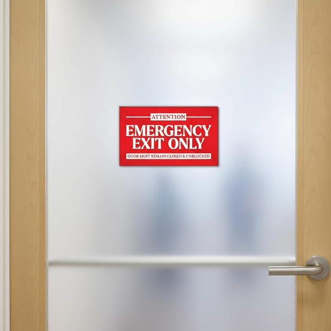 Premium Acrylic Emergency Exit Only Sign, Made in USA, 7.0x4.25 Emergency Exit Sign, Vibrant Red In Case of Fire Exit Signs for Business, Door Must Remain Closed & Unblocked Signs with Stickers
