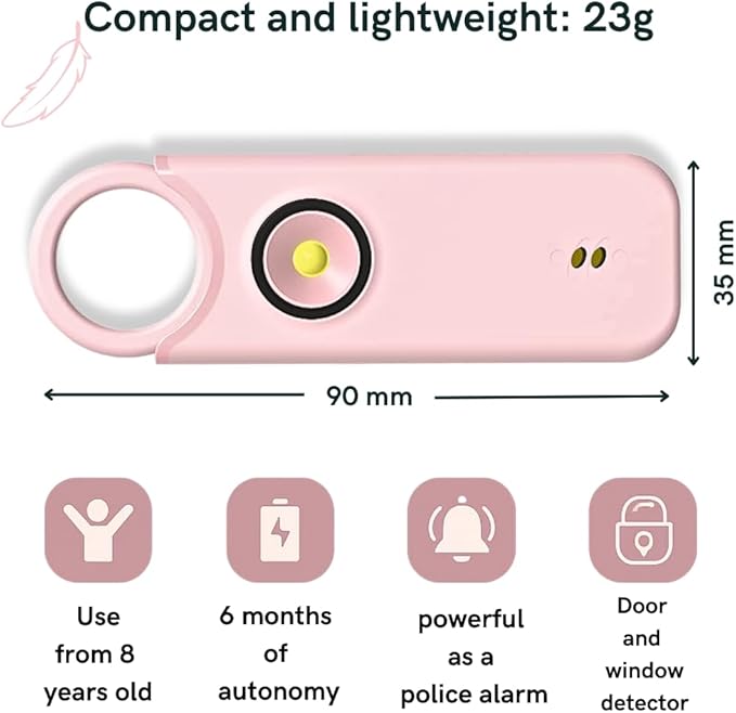 VOLTEK Personal Alarm Kit (Pink) Women's Self-Defense Self-Defense Keyring, Self Self Alarm Mini Autonomous + Personal Emergency Whistle Powerful Siren Lamp 135 DB, USB-C, Includes Guide