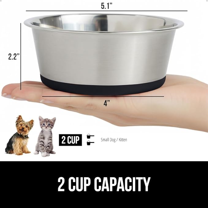 GORILLA GRIP Dog Bowl, Holds 2 Cups (16 fl oz), Heavy Duty Metal Food and Water Bowl for Feeding Dogs and Cats, Easy Clean, Dishwasher Safe, Rust Resistant Stainless Steel, BPA Free Rubber Base, Black