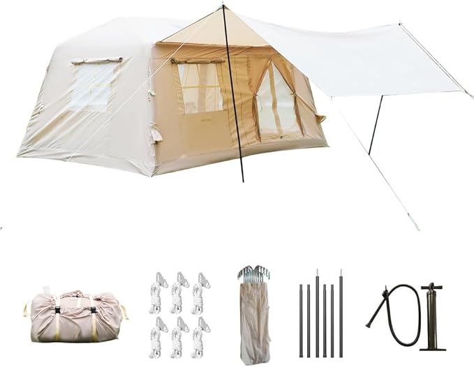 Easy Setup Inflatable Camping Tent, Waterproof 4 Season Air Tent with Hand Pump, Oxford Glamping Tent for 4/6/8 Adults