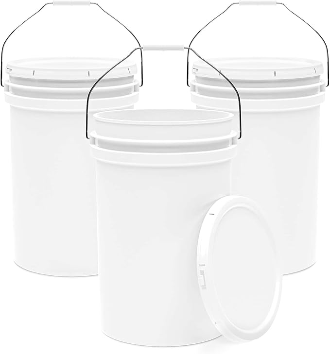 6.5-Gallon White Bucket Pail Container with Lid | Food Grade | Heavy-Duty 90MIL Extra Durable | Metal Handles with Plastic Grip for Easy Carrying | Multi-Use | Easy Stack and Store | BPA Free - 3 Pack