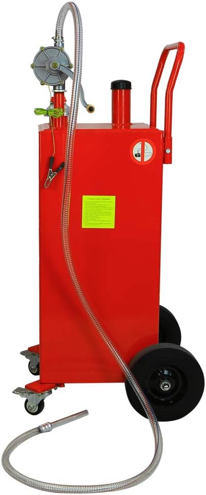 AutoForever 30 Gallon Portable Gas Caddy, Fuel Transfer Tank Gasoline Diesel Storage Can with Rotary Hand Pump and 4 Wheelsfor Automobiles ATV Car Mowers Tractors (Red)