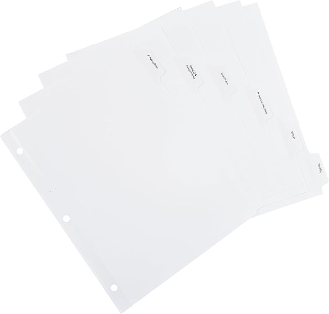 Exhibitindexes® Estate Planning Dividers – White 6-Tab Set for 3-Ring Binders | Keep Important Documents Organized | Made in The USA