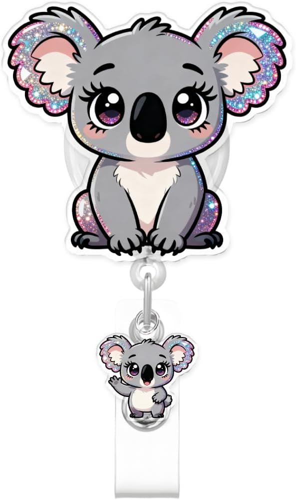 Cute Koala Badge Reel for ID Card, Funny Koala Retractable Nurse Alligator Clip Badge Reel for Women, ID Name Tag Badge Holder for Office School Hospital Nurses Doctors Teachers