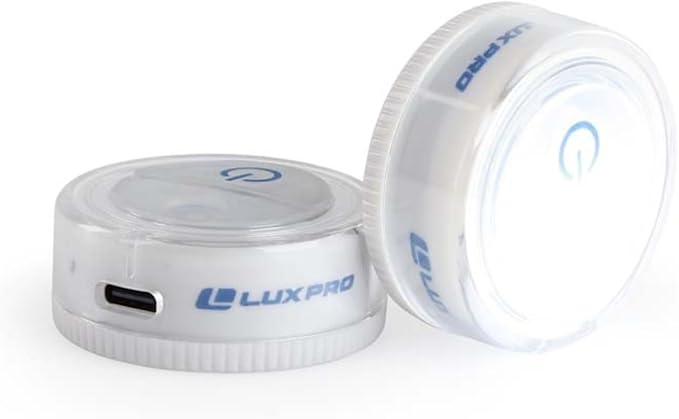 LUXPRO Waterproof Micro LED Rechargeable Puck Lights - Adhesive Lighting Ideal for Under Cabinets, in Tackle Boxes, or On Bookcases - Compact Rechargeable Push Tap Light - 2 Pack (Rechargable)