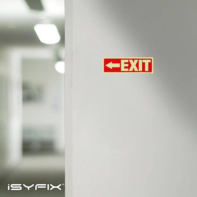 iSYFIX Exit Stickers Signs with Directional Left Arrow 6 Pack 12x4 Inch - Glow in the Dark Photoluminescent Vinyl for Office, School, Business, Warehouse - UV & Weather Resistant for Indoor/Outdoor Use