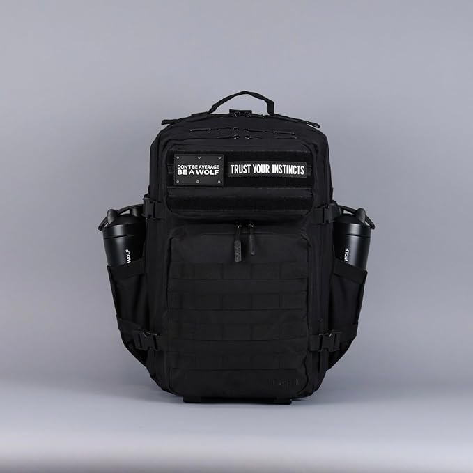WOLFpak 45L Athletic Gym Backpack - Durable 1000D Waterproof Oxford Material with MOLLE Webbing, Laptop Pocket & Dual Cup Holders, Durable Fitness/Travel/Military Daypack (Alpha Black)