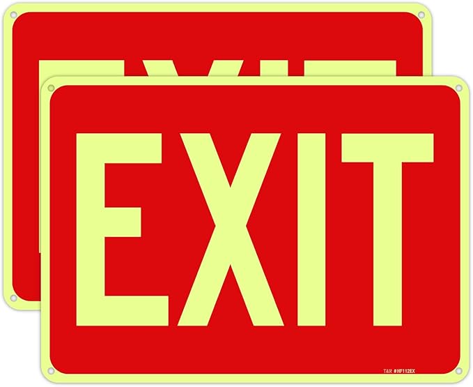 T&R Large Exit Sign - 2 Pack - - 14 x 10 Inches Rust Free .040 Aluminum Glow-In-The-Dark - UV Protected, Waterproof and Fade Resistant - 4 Pre-drilled Holes