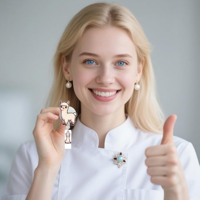 Cute Alpaca Badge Reel for ID Card, Funny Animal Alpaca Retractable Nurse Alligator Clip Badge Reel for Women, ID Name Tag Badge Holder for Office School Hospital Nurses Doctors Teachers
