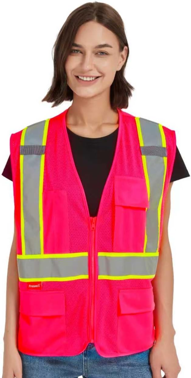 ProtectX Safety Vest for Men Women ANSI Class 2 High Visibility Mesh Reflective Construction Vest with 4 Pockets