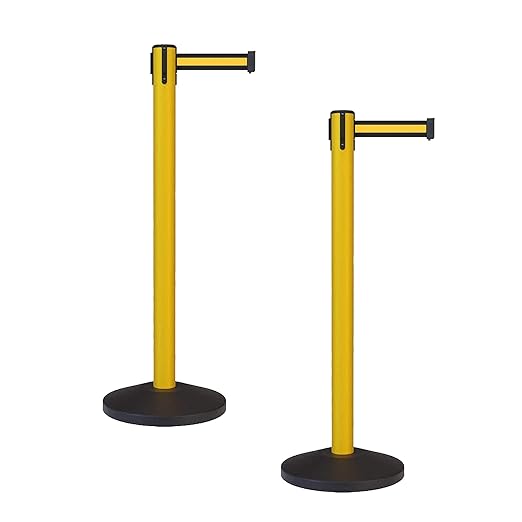 Crowd Control Warehouse - CCW Set of 2 Safety Retractable Belt Barrier Stanchion, Sloped Base, Yellow Post, RBB-100-7.5 ft Belt, Black with Yellow Horizontal Stripe Belt