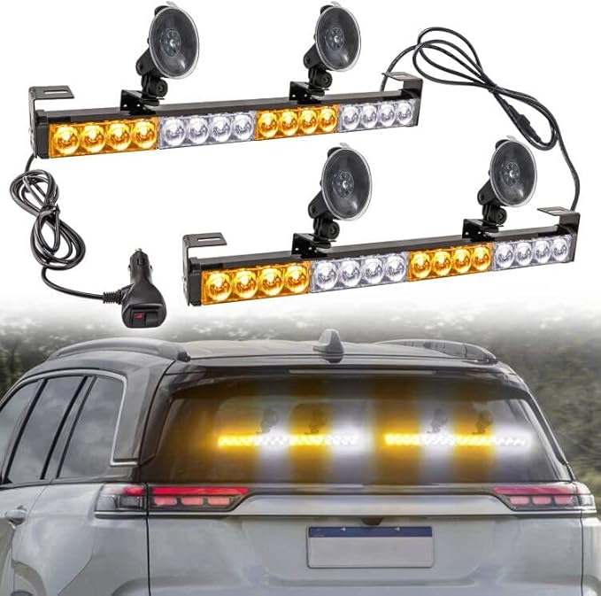 LE-JX 2×16.8 inch Emergency Strobe Light Bar Traffic Advisor Warning Hazard Windshield Safety Lights Bar 21 Flash Patterns with Cigar Lighter for Police Vehicles, Truck (Amber/White, 2 in 1)
