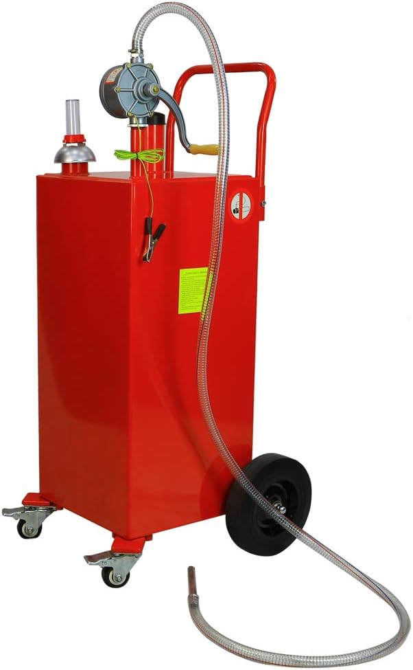 AutoForever 30 Gallon Portable Gas Caddy, Fuel Transfer Tank Gasoline Diesel Storage Can with Rotary Hand Pump and 4 Wheelsfor Automobiles ATV Car Mowers Tractors (Red)