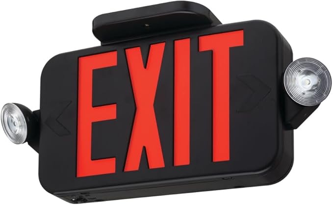 Lithonia Lighting ECRG Basics LED Exit Sign/Emergency Light Combo, Red/Green Switchable Exit Sign and Emergency Lights for Business, 2-Head Fixture, Round Lamp Heads, Black