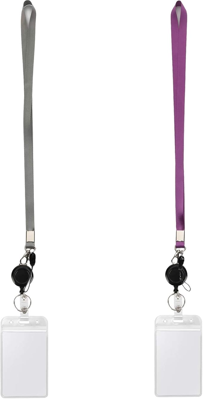 YOUOWO 2 Pack Lanyards with Vertical ID Badge Holders and Retractable Badge Reel with Clips,Office Neck Grey Purple Lanyard Waterproof