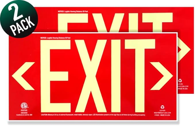 Photoluminescent Exit Sign Red - Pack of 2 - Aluminum - UL 924 Code Approved/IBC/NFPA 101 / NightBright USA Part Number ULR-050 II