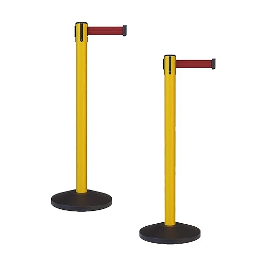 Crowd Control Warehouse - CCW Set of 2 Safety Retractable Belt Barrier Stanchion, Sloped Base, Yellow Post, RBB-100-7.5 ft Belt, Maroon Belt