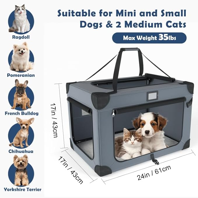 24 Inch Portable Collapsible Dog Crate, Foldable Soft Dog Kennel with Soft Warm Blanket and Foldable Bowl for Large Cats & Small Dogs, Indoor & Outdoor Travel