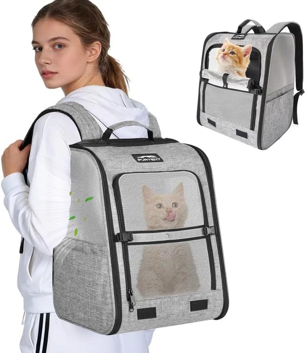 Pet Backpack Carrier for Small Dogs and Cats, Comfortable Portable Cat Bag for Travel Use with Ventilated Mesh, Safety Strap, and Easy-Clean Waterproof Fabric, Grey