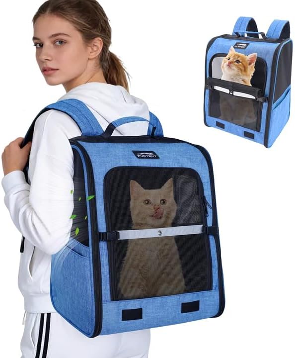 Cat Backpack Carrier with Ventilation Mesh and Safety Leash, Lightweight Dog Travel Backpack with Pockets, Reflective Strip, and Removable Mat,Hiking and Outdoor Use,Blue