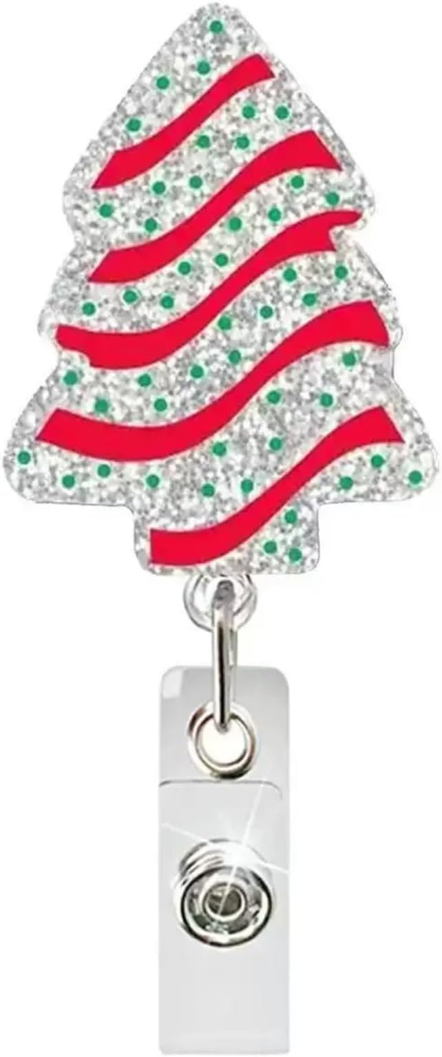 Christmas Badge Holder Sparkly Christmas Tree Badge Reel Cute Acrylic Xmas Badge Reels Retractable ID Name Tag Badge Alligator Clip for Nurse Student Teacher Office Decoration Holiday Party Favors