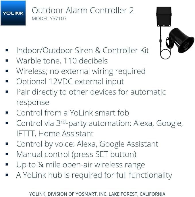 Outdoor Alarm Controller 2 and SirenFob Kit, Battery-Powered Siren/Alarm/Relay Controller, 12VDC Out, Up to 1/4 Mile Open-Air Range, 110dB Siren Included, YoLink Hub Included