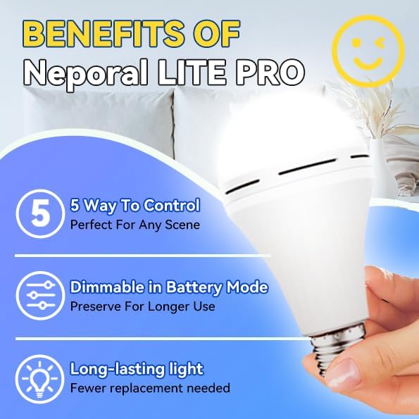 Neporal LITE PRO Rechargeable Light Bulbs, 2600mAh Large Battery Backup Light Bulbs, Perfect As Emergency Lights for Home Power Failure, Hurricane Prepareness Item, E26/E27