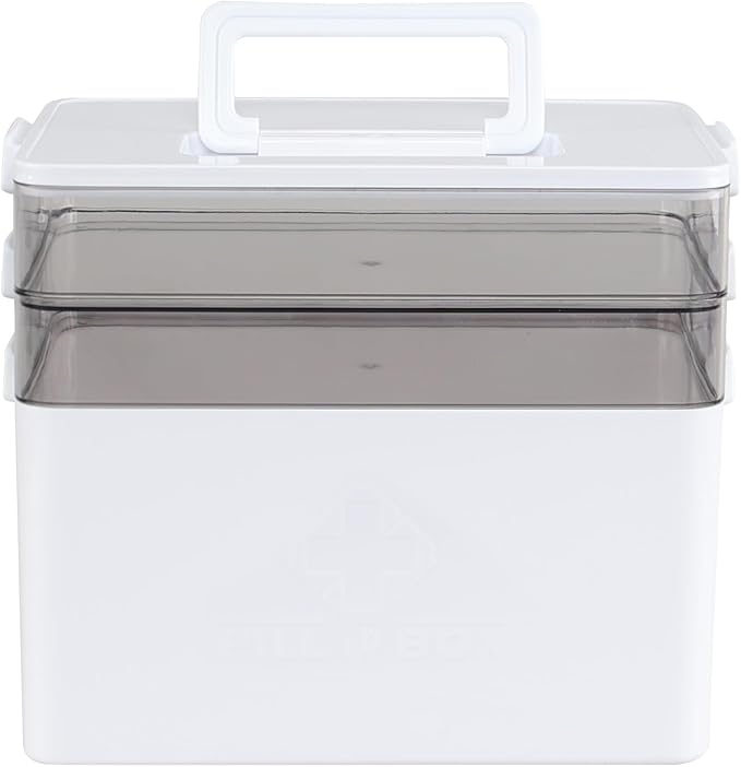 Begale Large Medicine Storage Box, 3-Tier Portable Medicine Cabinet Organizer, Plastic First Aid Box with Handle, White