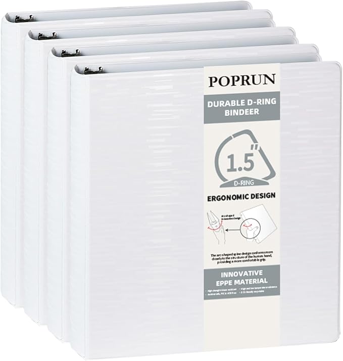 POPRUN 3 D Ring Binder 1.5 Inch, PVC-Free, Holds 375 Sheets of 8.5 x 11 Paper, Extra Durable Organizer with 2 Pockets for School & Office, Heavy-Duty, 4 Pack, White