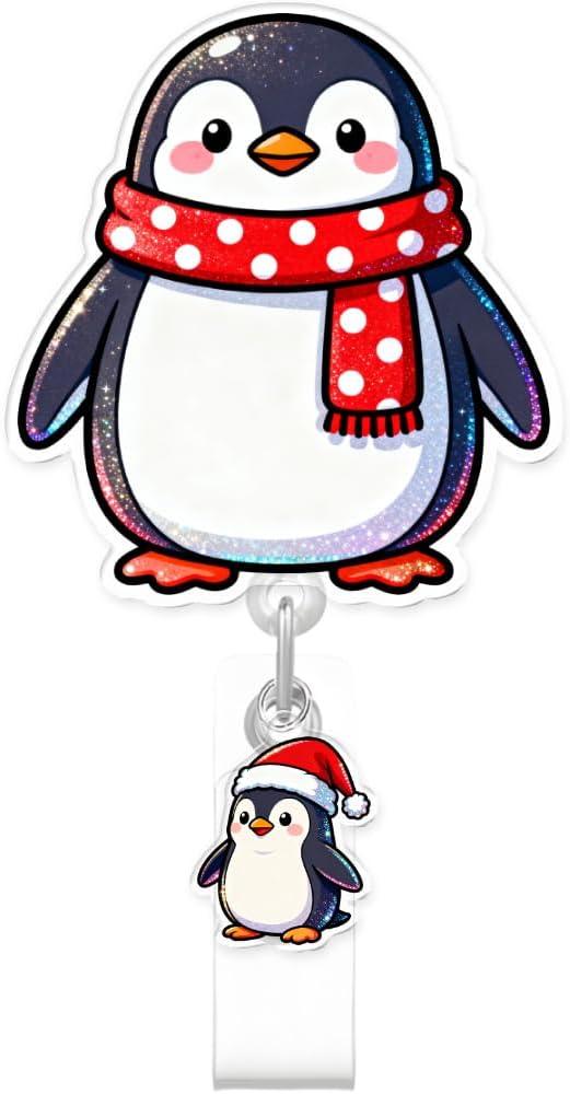 Cute Penguin Badge Reel for ID Card, Funny Christmas Winter Penguin Retractable Nurse Alligator Clip Badge Reel for Women, ID Name Tag Badge Holder for Office School Hospital Nurses Doctors Teachers