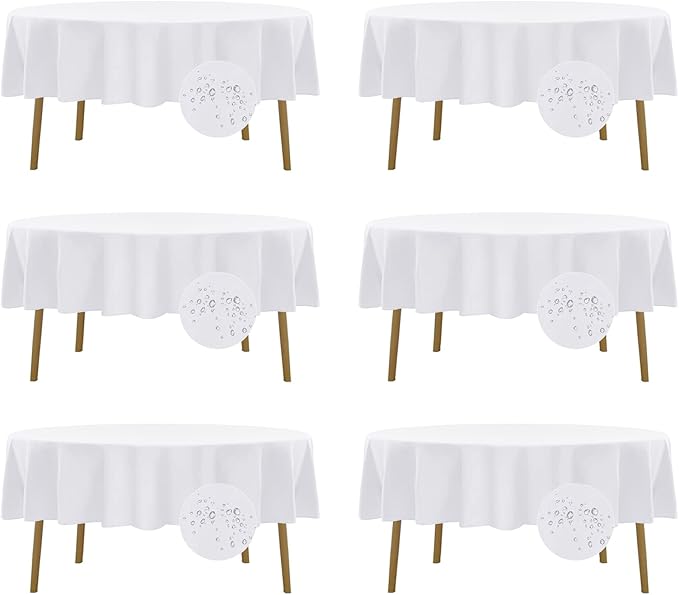 Fokitut 6 Pack Waterproof Round Tablecloth, 90 Inch, Stain Resistant and Wrinkle Polyester Table Cloth, Fabric Table Cover for Kitchen Dining, Wedding, Party, Holiday Dinner-White