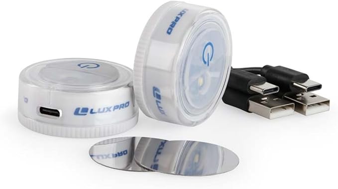 LUXPRO Waterproof Micro LED Puck Lights - Adhesive Lighting Ideal for Under Cabinets, in Tackle Boxes, or On Bookcases - Includes Batteries (Rechargable, 4 Pack)