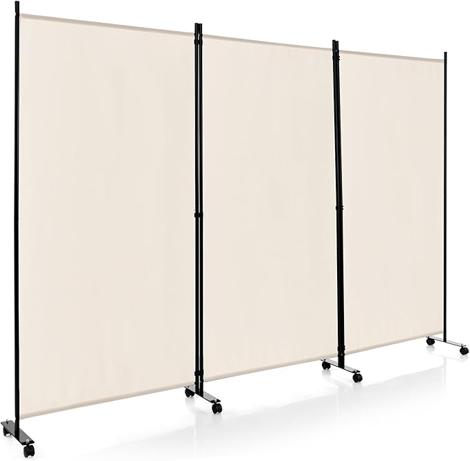 Giantex 3 Panel Room Divider with Wheels, 103''W x 71''H Folding Privacy Screen, Rolling Partition Room Dividers for Home Office Studio, Freestanding Fabric Wall Divider for Room Separation, Beige