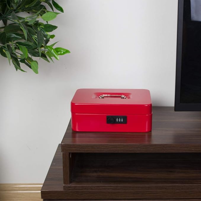 KYODOLED Large Cash Box with Combination Lock Safe Metal Money Box with Money Tray for Security Lock Box 9.84"x 7.87"x 3.54" Red Large