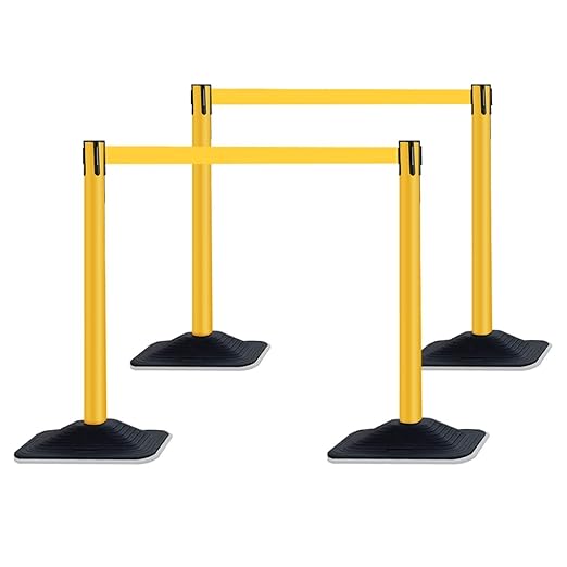 4-Pack 36" Yellow Crowd Control Stanchions, Heavy-Duty Rubber Rectangular Base with Space-Saving Design, 10ft Retractable Belt, Perfect for Indoor & Outdoor Safety Barriers