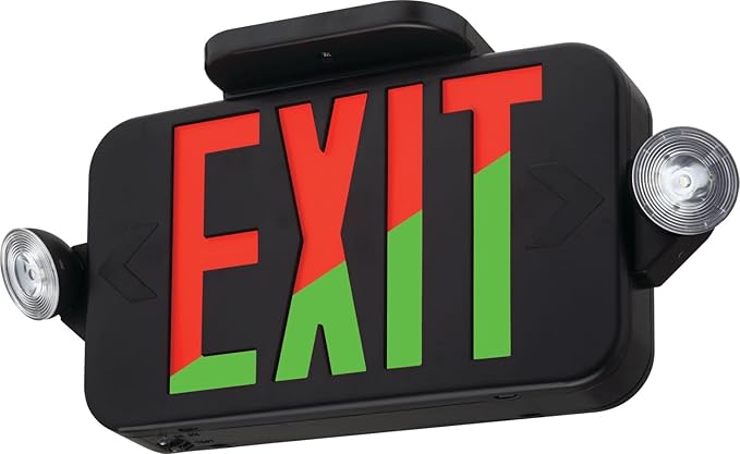 Lithonia Lighting ECRG Basics LED Exit Sign/Emergency Light Combo, Red/Green Switchable Exit Sign and Emergency Lights for Business, 2-Head Fixture, Round Lamp Heads, Black