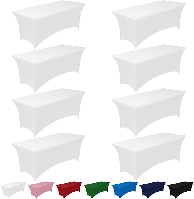 Pureegg Spandex Tablecloth 6ft - 8 Pack, Fitted and Tight Cloth for Rectangle Table, Wrinkle-Free and Stretch Table Cover for Party, Wedding, Banquet and Birthday, White