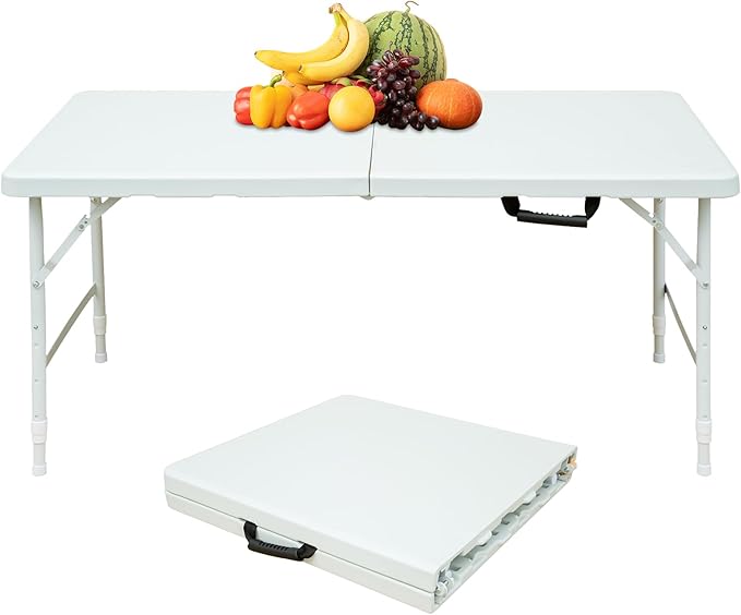 Portable 4Ft Adjustable Height Plastic Folding Table, Heavy Duty Fold-in-Half Table with Carrying Handle, Small Utility Foldable Table for Picnic Party Camping BBQ, Indoor/Outdoor(White)