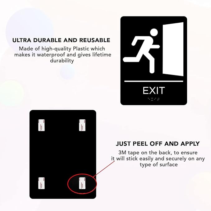 Exit Sign with Braille Grade II for Door & Wall - Comes With Graphical Symbols and Double Sided 3M Tape to Secure Ideally in Less Than a Minute - Size 9 x 6 Inch