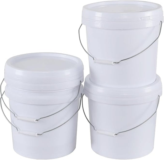 4 Gallon Plastic Food Storage Bucket with Metal Handle, Food Grade Round Pail with Lid, White, 4 Packs