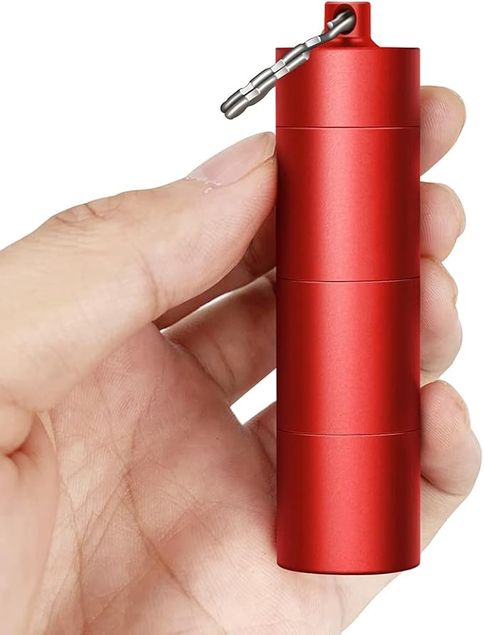 Portable Keychain Pill Case Holder, EFFIET 3 Compartments Metal Pocket Emergency Pill Container Box for Daily Supplyment (Red+Matt Finished)