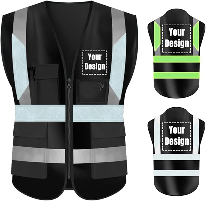 YOWESHOP High Visibility Safety Vest Custom Your Logo Protective Workwear 5 Pockets With Reflective Strips Outdoor Work Vest (M, Black Luminous)