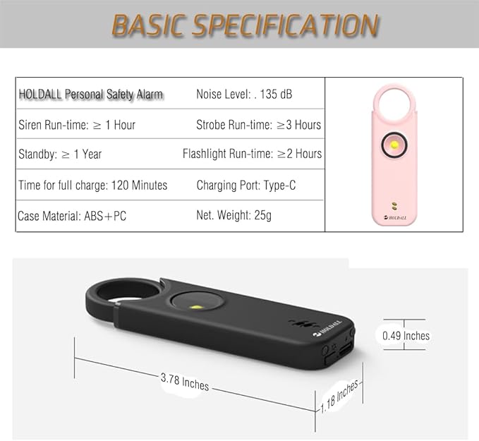 Personal Safety Alarm for Women–135dB Loud Siren with Strobe Light-Acoustooptical Warning, Rechargeable Emergency Safety Alarm, 0.9oz Easy Carry for Elderly and Kids. (Pink)